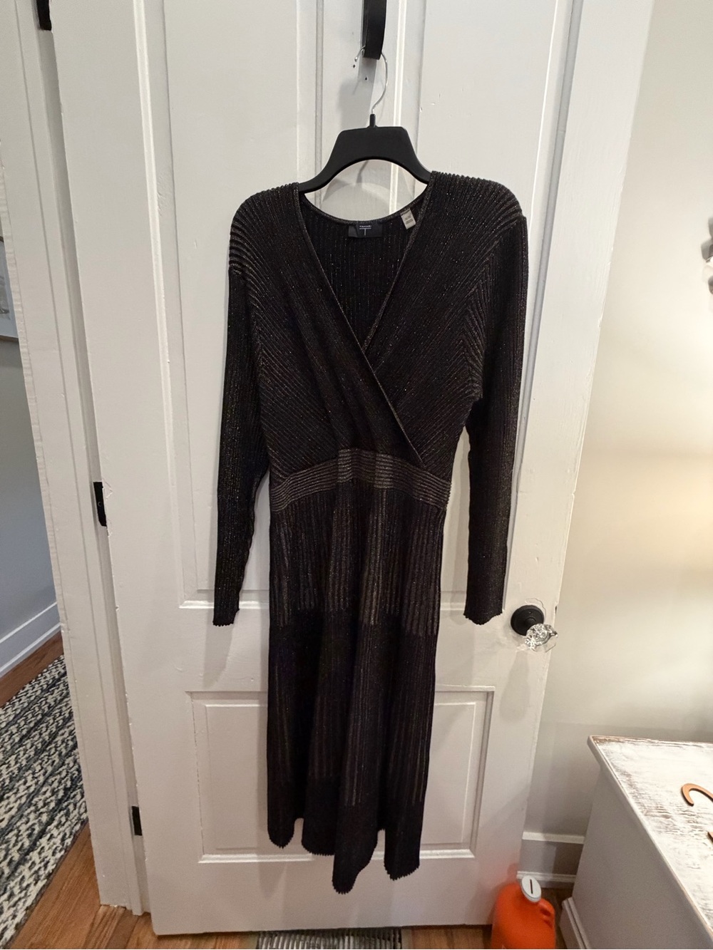Tahari Black Metallic Knit Wrap-Style Long Sleeve Dress